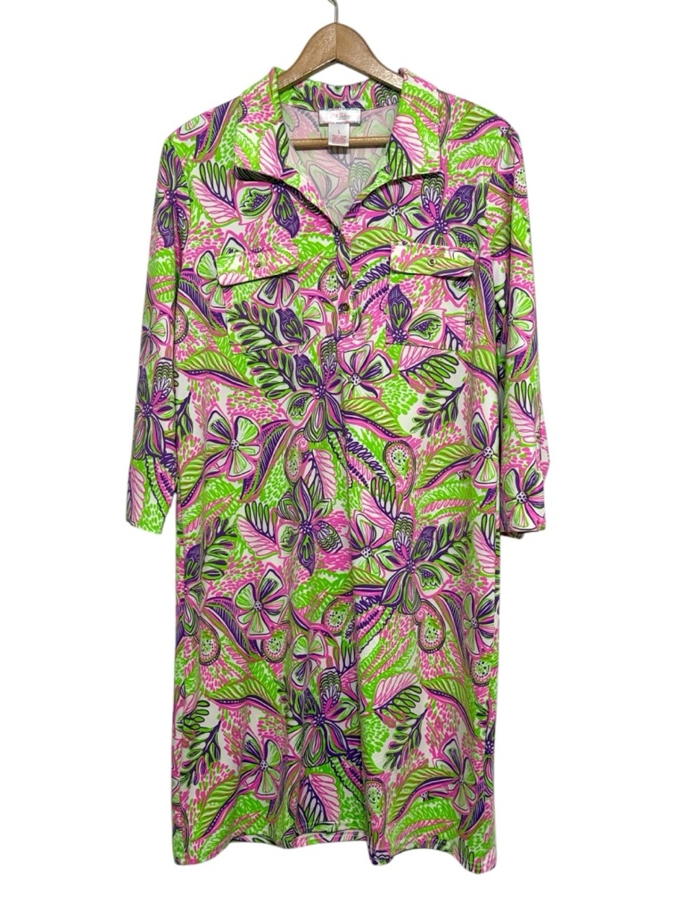 Stella Parker Floral Shift Dress Large Pink Green Resort Vacation